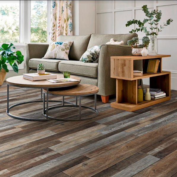 Cascade gray and brown vinyl plank flooring